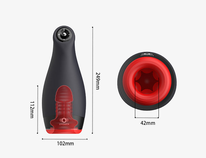 PLEASURE_engine male masturbator size chart displaying full external dimensions along with detailed internal canal length and width measurements