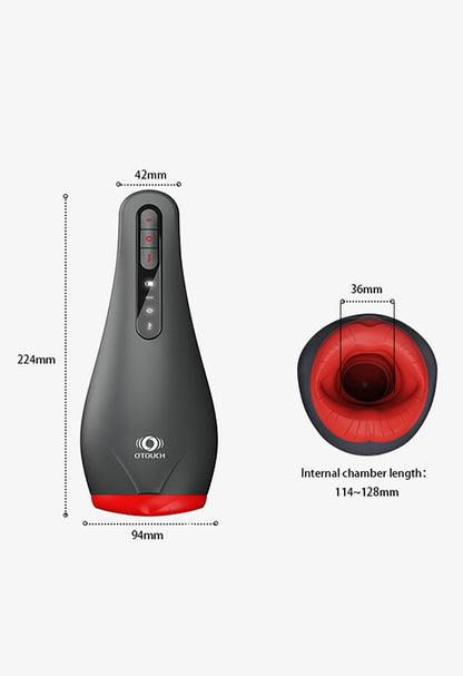 OTOUCH Airturn 2 male masturbator size chart displaying full external dimensions along with detailed internal canal length and width measurements