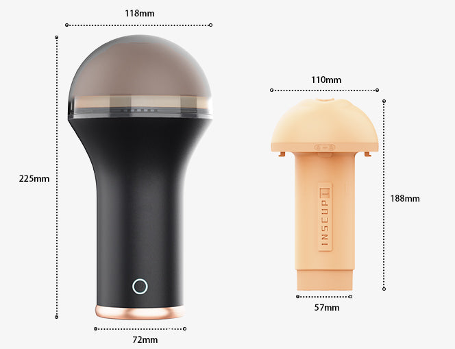 OTOUCH _INSCUP_1 dimensions chart showing full external measurements and internal sleeve size details
