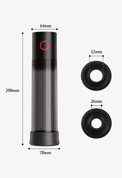 OTOUCH vacuum penis pump with 290mm cylinder height, 64mm top diameter, 78mm base diameter, and two silicone sleeve options in 32mm and 26mm.