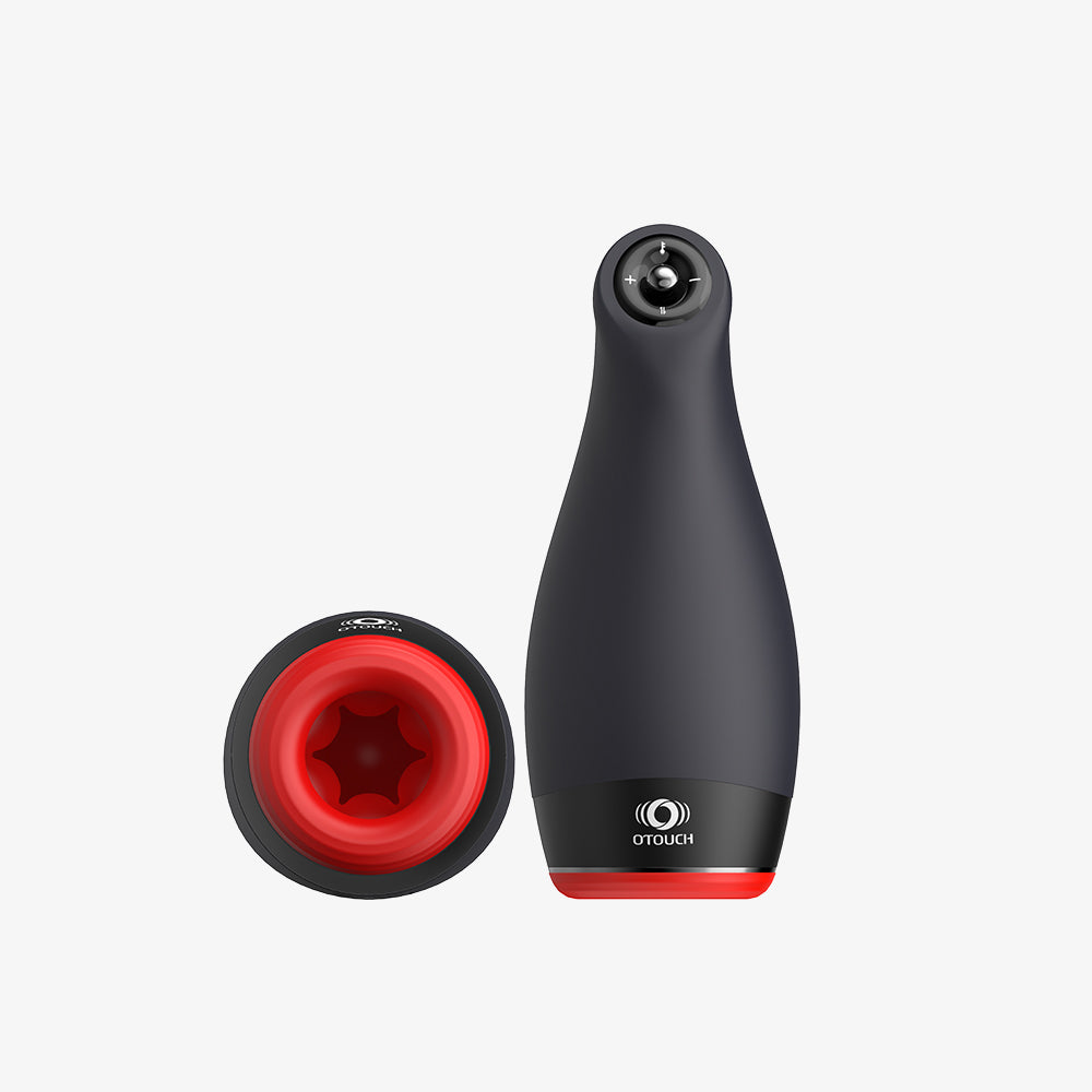Front-view display of the OTOUCH Pleasure engine, featuring its sleek black-and-red silicone body and intuitive control panel.