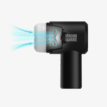 Cutaway view of the MACHO WORKII stroker showing internal airflow and textured sleeve during suction