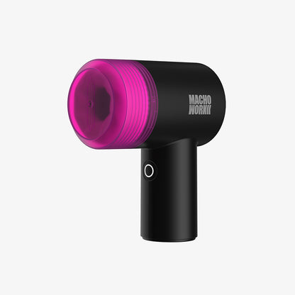 MACHO WORKII handheld male masturbator with transparent purple cap and ergonomic black body