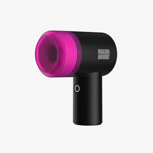 MACHO WORKII handheld male masturbator with transparent purple cap and ergonomic black body