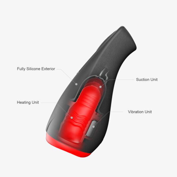 OTOUCH Airturn 2 internal structure showing the fully silicone exterior, heating unit, vibration unit, and suction unit.