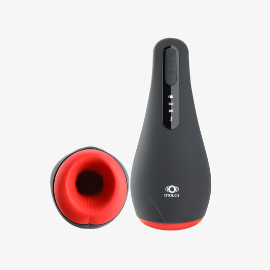 OTOUCH Airturn electric male masturbator featuring soft red silicone sleeve, ergonomic black body, and LED control panel