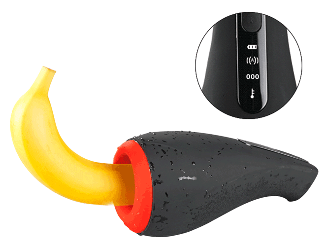 OTOUCH Airturn male masturbator usage demonstration with a banana showing how the sleeve opening is used.