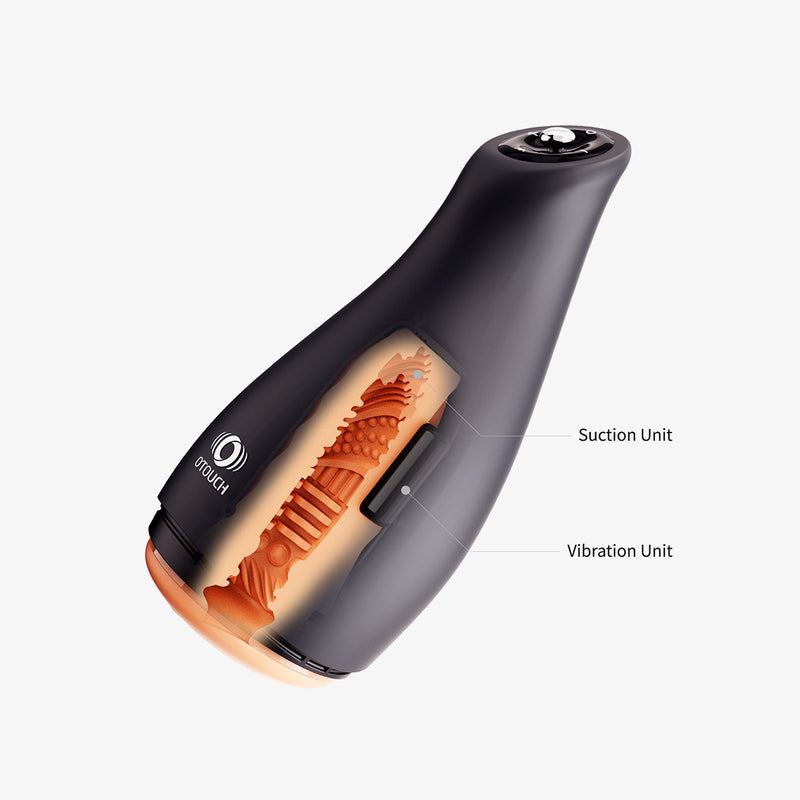 Cross-section view of the OTOUCH Airturn 3 showing the internal suction unit and vibration unit inside the textured TPE sleeve