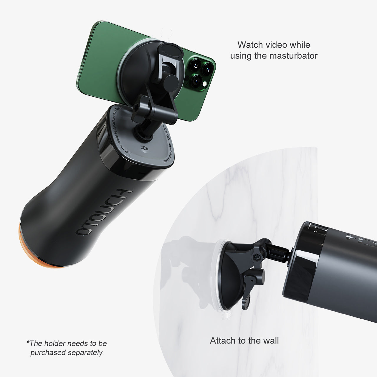 OTOUCH INSCUP 3 masturbator mounted on a suction holder, showing phone viewing setup and wall-mount capability