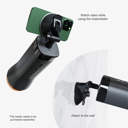 OTOUCH INSCUP 3 masturbator mounted on a suction holder, showing phone viewing setup and wall-mount capability