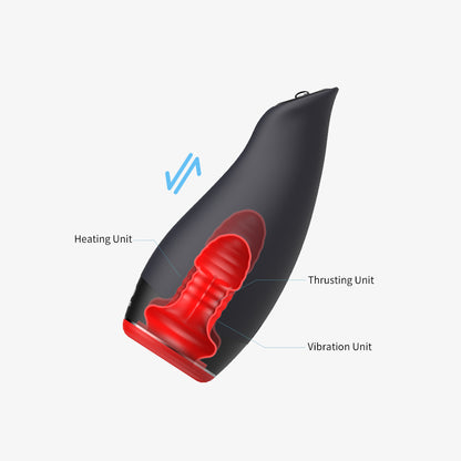 Internal structure of the OTOUCH Pleasure Engine showing heating, thrusting, and vibration units highlighted in red
